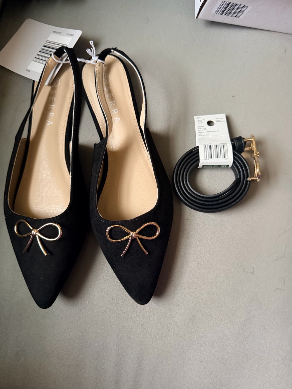 SERRA Women’s Black Pointed Toe Bow Flats Size 9 + Matching Belt NWT